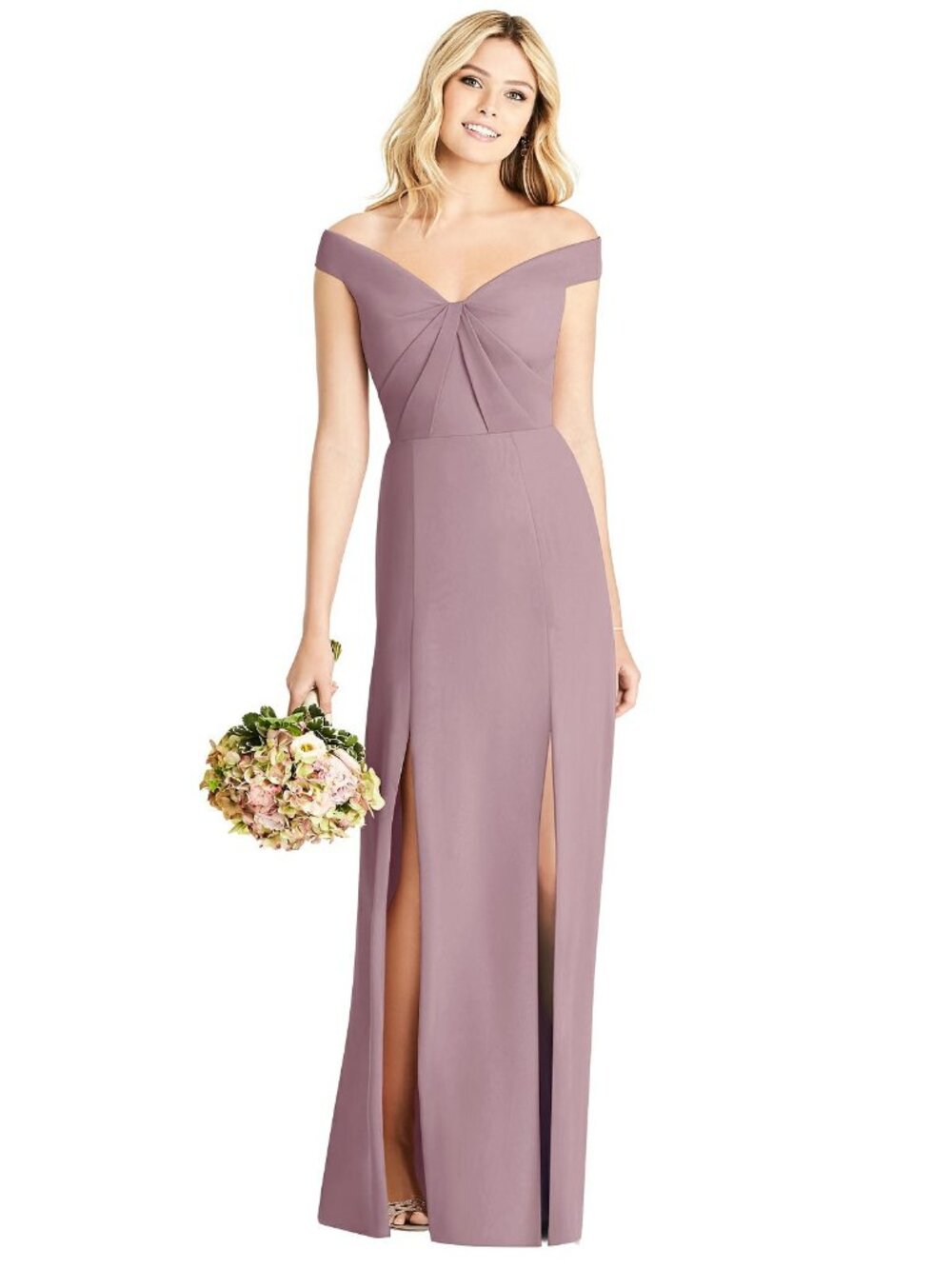 Dessy 8186..Off the shoulder pleated bodice dress with slits..Suede Rose...Sz 0